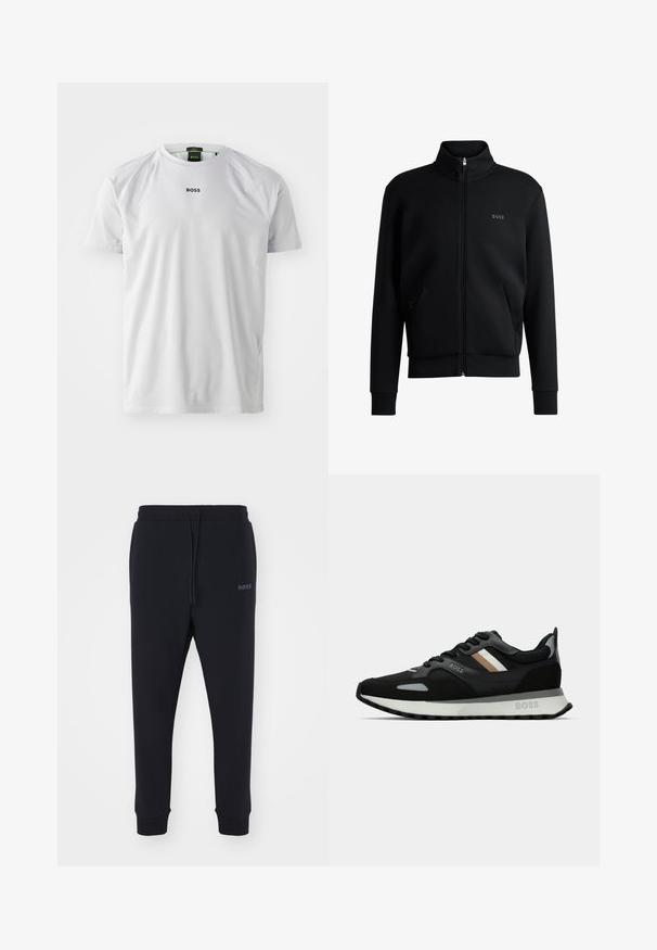 Sweatshirt preto com fecho e colar alto, punhos canelados e bolsos laterais. Apresenta um discreto logótipo "BOSS" no lado esquerdo do peito. Tecido suave.; Camisa branca de manga curta feita de tecido suave, com gola redonda e um pequeno logótipo preto "BOSS" no peito.; Calças de fato pretas feitas de material macio, com uma cintura elástica, cordão e pernas ajustadas. Apresenta um pequeno logotipo de lado.; Shoe de corrida preto com uma superfície texturizada, detalhes cinza claro e três riscas horizontais em castanho. Apresenta uma sola branca acolchoada.
