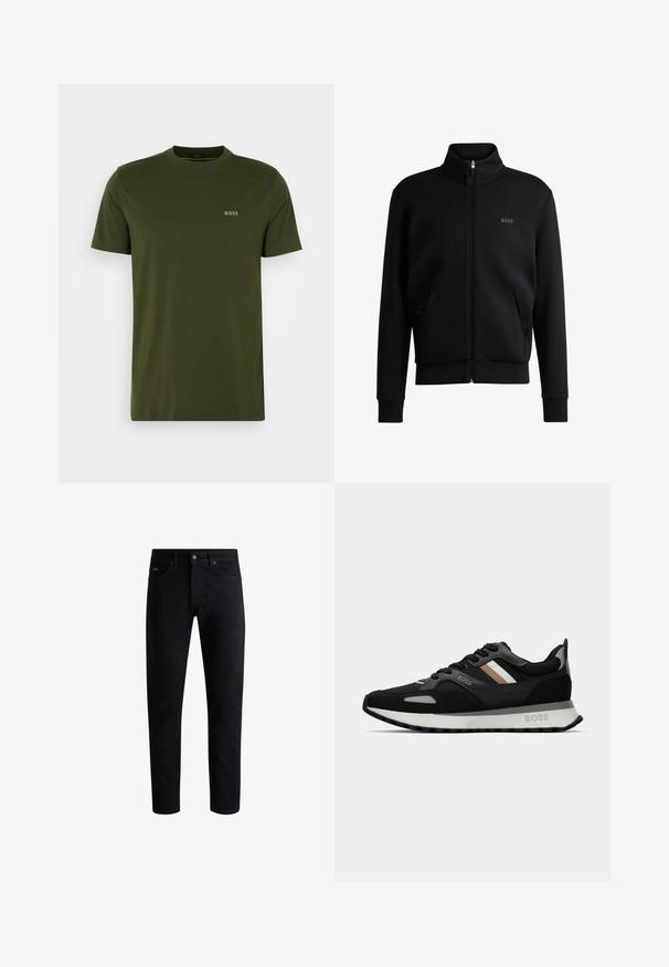 Čierna mikina na zips s vysokým golierom, elastickými manžetami a bočnými vreckami. Obsahuje jemné logo "BOSS" na ľavej hrudi. Hladká tkanina.; Olivovo zelené tričko s krátkym rukávom a okrúhlym výstrihom, s malým kontrastným logom "BOSS" na hrudi. Vyrobené z jemnej bavlnenej látky.; Čierne slim-fit džínsy s piatimi vreckami, so zapínaním na gombík a pútkami na opasok, vystavené na bielom pozadí.; Čierna bežecká obuv s textúrovaným povrchom, svetlošedými akcentmi a tromi horizontálnymi pruhmi v hnedej farbe. Obsahuje bielu polstrovanú podrážku.