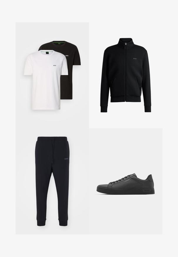 Čierna mikina na zips s vysokým golierom, elastickými manžetami a bočnými vreckami. Obsahuje jemné logo "BOSS" na ľavej hrudi. Hladká tkanina.; Dve bavlnené tričká v čiernej a bielej farbe, so okrúhlym výstrihom a malým logom na hrudi. Obe majú krátke rukávy a rovný strih.; Čierne tepláky vyrobené z mäkkého materiálu s elastickým pásom, šnúrkou na stiahnutie a zúženými nohavicami. Obsahujú malé logo na boku.; Čierne tenisky s hladkým syntetickým zvrškom, oválnou špičkou, plochými šnúrkami a ryhovanou gumenou podrážkou. Minimalistický dizajn so šitými akcentmi.