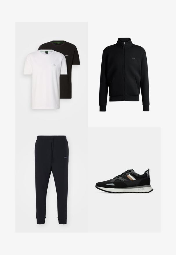 Melns zip-up džemperis ar augstu apkakli, ribotām aprocēm un sānu kabatām. Uz kreisā krūša ir smalks "BOSS" logo. Gluda auduma.; Divas kokvilnas T-krekli melnā un baltā krāsā, ar apaļu kakla izgriezumu un mazu logo uz krūtīm. Abiem ir īsas piedurknes un taisna piegriezuma.; Melnas sporta bikses, izgatavotas no mīksta materiāla ar elastīgu jostasvietu, auklu un sašaurinātām kājām. Iekļauta arī maza emblēma sānos.; Melnas skrienamās kurpes ar teksturētu virsmu, gaiši pelēkiem akcentiem un trim horizontālām svītrām brūnā krāsā. Iespējo baltu polsterētu zoli.