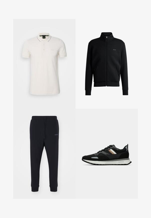 Sweatshirt preto com fecho e colar alto, punhos canelados e bolsos laterais. Apresenta um discreto logótipo "BOSS" no lado esquerdo do peito. Tecido suave.; BOSS PAULE - Polo - open white; Calças de fato pretas feitas de material macio, com uma cintura elástica, cordão e pernas ajustadas. Apresenta um pequeno logotipo de lado.; Shoe de corrida preto com uma superfície texturizada, detalhes cinza claro e três riscas horizontais em castanho. Apresenta uma sola branca acolchoada.