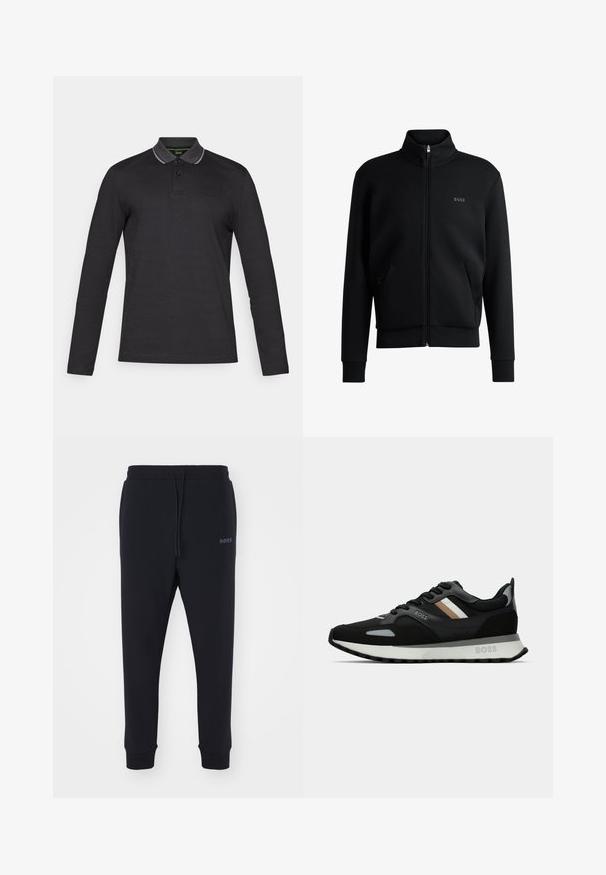Svart glidelås sweatshirt med høy krage, ribbede mansjetter og sidelommer. Har en subtil "BOSS"-logo på venstre bryst. Glatt stoff.; Langermet polo-shirt i svart, med en grå krage, knappestolpe og subtil "BOSS"-merkevare på brystet. Glatt stofftekstur.; Sorte sweatsbukser laget av mykt materiale med elastisk midjebånd, snor og avsmalnende bein. Har et lite logo på siden.; Svart løpetreningssko med teksturert overflate, lysegrå detaljer og tre horisontale striper i brunt. Har en hvit polstret såle.