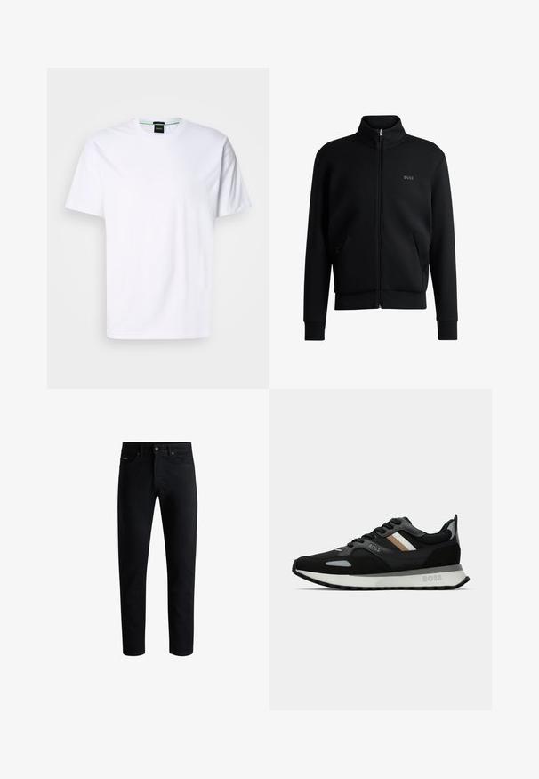 Sweatshirt preto com fecho e colar alto, punhos canelados e bolsos laterais. Apresenta um discreto logótipo "BOSS" no lado esquerdo do peito. Tecido suave.; Camiseta de algodão branca com gola redonda e mangas curtas. Apresenta um logotipo discreto impresso na frente em cor clara. Ajuste clássico.; Jeans pretos slim-fit com cinco bolsos, fecho de botão e passantes para cinto, exibidos contra um fundo branco.; Shoe de corrida preto com uma superfície texturizada, detalhes cinza claro e três riscas horizontais em castanho. Apresenta uma sola branca acolchoada.
