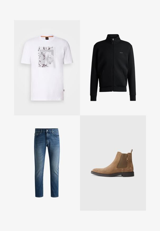 Hanorac negru cu fermoar, cu guler înalt, manșete cu striație și buzunare laterale. Prezintă un logo discret "BOSS" pe pieptul stâng. Material neted.; Tricou alb din bumbac cu un grafic ce ilustrează un urs polar țipând într-un cadru rectangular, accentuat de modele abstracte negre și gri.; Jeanși din denim albastru închis, cu croială dreaptă, design cu cinci buzunare, ușor decolorati pe coapse și închidere cu un singur nasture la talie.; Boots Chelsea din suede maro, cu panouri elastice pe lateral și o bucată de prindere. Prezintă un vârf rotunjit și o talpă plată din cauciuc pentru stabilitate.