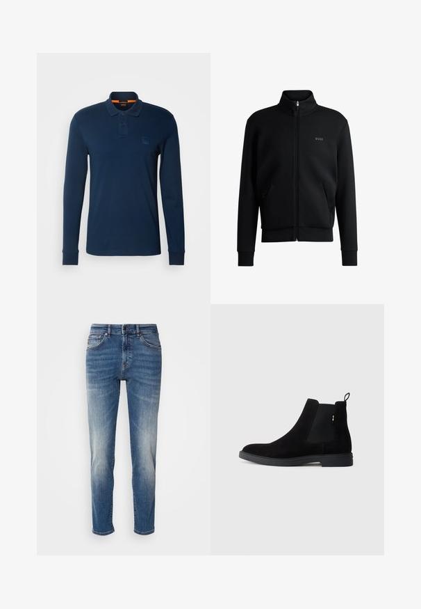Melns zip-up džemperis ar augstu apkakli, ribotām aprocēm un sānu kabatām. Uz kreisā krūša ir smalks "BOSS" logo. Gluda auduma.; BOSS PASSERBY - Polo krekls - open blue; Zilas džinsu bikses ar taisnu kāju dizainu, vieglu nodilumu, klasisko piecu kabatu stilu un rāvējslēdzēju ar pogu aizdari.; Melni zamšas Čelsī zābaki ar elastīgām sānu daļām, noapaļota purngalu un zema gumijas zole. Iespējams viegli uzvilkt, pateicoties aizmugurējai cilpai.