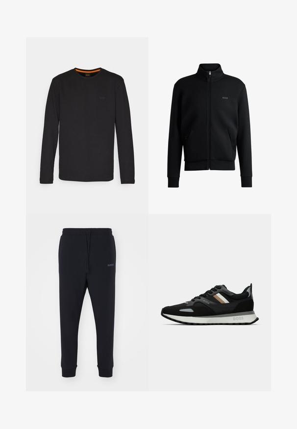 Musta vetoketjullinen huppari, jossa on korkea kaulus, ribattu hihansuu ja sivutaskut. Vasemmassa rinnassa on hillitty "BOSS"-logo. Vaatteen pinta on sileä.; Mustapaita, jossa on pitkät hihat ja joka on valmistettu sileästä kankaasta. Paidassa on pyöreä kaula-aukko ja pieni kohollaan oleva logo rinnan kohdalla, jossa on oranssi yksityiskohta kauluksessa.; Mustat verkkarit, jotka on valmistettu pehmeästä materiaalista, jossa on elastinen vyötärö, nyöri ja kapenevat lahkeet. Sivulla on pieni logo.; Musta juoksukenkä, jossa on tekstuuroitu pinta, vaaleanharmaita yksityiskohtia ja kolme vaaleanruskeaa vaakaraitaa. Kenkässä on valkoinen pehmustettu pohja.