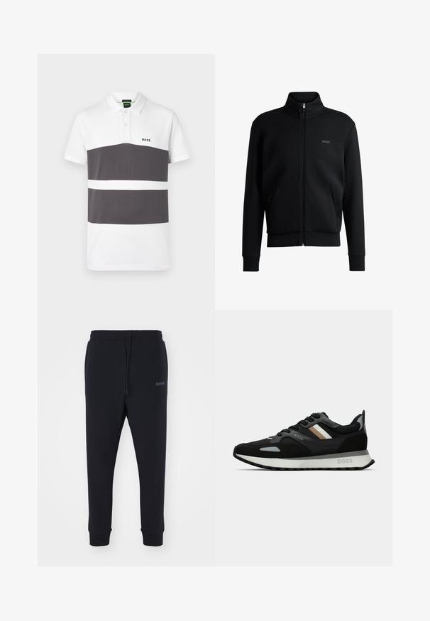 Črna zip-up pulover s visokim ovratnikom, rebrastimi manšetami in stranskimi žepi. Ima subtilno logo "BOSS" na levem prsnem delu. Gladka tkanina.; Polo majica v beli in temno sivi barvi s tremi vodoravnimi črtami. Ima klasičen ovratnik, kratke rokave in majhen logotip na prsih.; Črne trenirke iz mehkega materiala z elastičnim pasom, vrvico in zoženimi nogami. Imajo majhen logotip na strani.; Črne tekaške čevlje z teksturirano površino, svetlo sivi poudarki in tremi vodoravnimi črtami v rjavi barvi. Imajo belo oblazinjeno podplat.