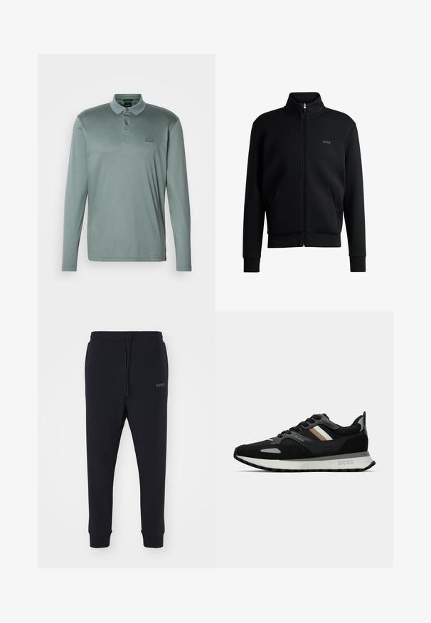 Black zip-up sweatshirt with high collar, ribbed cuffs, and side pockets. Features a subtle "BOSS" logo on the left chest. Smooth fabric.; Long-sleeve polo shirt in a muted green fabric. Features a collar, three-button placket, and an embroidered logo on the chest.; Black sweatpants made of soft material with an elastic waistband, drawstring, and tapered legs. Features a small logo on the side.; Black running shoe with a textured surface, light gray accents, and three horizontal stripes in brown. Features a white cushioned sole.