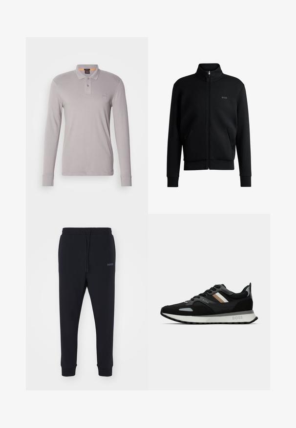 Zwarte zip-up sweatshirt met hoge kraag, geribbelde manchetten en zijzakken. Beschikt over een subtiele "BOSS" logo op de linkerborst. Glad stof.; Lange mouwen, lichtgrijze polo shirt gemaakt van zachte stof met een drie-knopen sluiting en een vierkant logo patch op de linkerkant van de borst.; Zwarte joggingsbroek van zacht materiaal met een elastische tailleband, trekkoord en taps toelopende benen. Heeft een klein logo aan de zijkant.; Zwarte hardloopschoen met een gestructureerd oppervlak, lichtgrijze accenten en drie horizontale strepen in bruin. Voorzien van een witte, gevoerde zool.