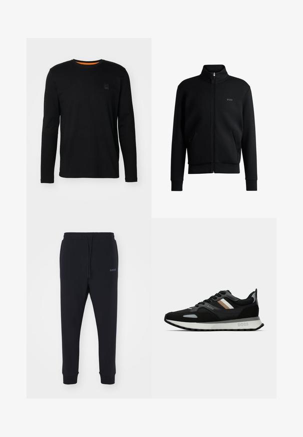 Fekete zipzáras kapucnis pulóver magas gallérral, bordázott mandzsettákkal és oldalsó zsebekkel. Diszkrét "BOSS" logó található a bal melbimen. Simább anyag.; Fekete, hosszú ujjú, pamutból készült póló, kerek nyakkivágással, varrott aljjal és egy kis fekete logóval a mellen.; Fekete melegítőnadrág, puha anyagból, elasztikus derékkal, zsinórral és szűkülő lábakkal. Oldalt egy kis logó található.; Fekete futócipő, texturált felülettel, világosszürke díszítésekkel és három északi csíkkal barnában. Fehér párnázott talpával rendelkezik.