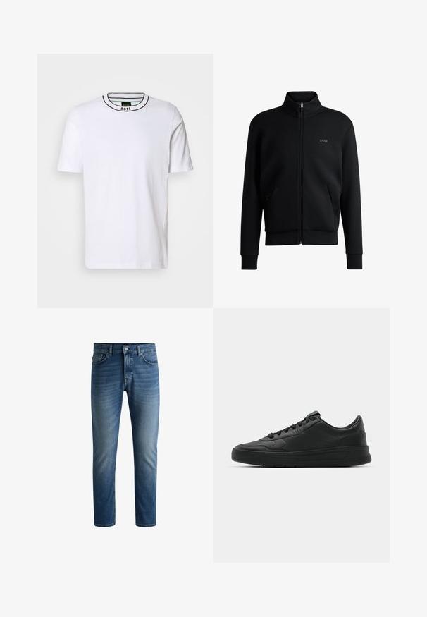 Črna zip-up pulover s visokim ovratnikom, rebrastimi manšetami in stranskimi žepi. Ima subtilno logo "BOSS" na levem prsnem delu. Gladka tkanina.; Bela kratka majica s kratkimi rokavi z črnim in zelenim rebrastim okroglim izrezom. Ima subtilno teksturo, brez vzorcev in slim fit obliko.; Temno modre jeans hlače s ravnim krojem, petimi žepi, svetlim bledenjem na stegnih in enojnim gumbom za zapiranje na pasu.; Črne superge z gladkim usnjenim zgornjim delom, okroglo konico, ravnimi vezalkami, oblazinjeno ovratnikom in minimalističnim dizajnom. Gumijast podplat z diskretnim profilom.