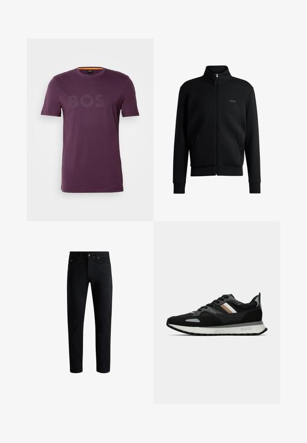Musta vetoketjullinen huppari, jossa on korkea kaulus, ribattu hihansuu ja sivutaskut. Vasemmassa rinnassa on hillitty "BOSS"-logo. Vaatteen pinta on sileä.; Violetti lyhythihainen T-paita, joka on valmistettu puuvillasta ja jossa on hienovarainen logo keskellä. Pyöreä pääntie oranssilla korostuksella sisäpuolella.; Musta kapea slim-fit farkut viidellä taskulla, napitettava sulkeminen ja vyölenkit, esitelty valkoista taustaa vasten.; Musta juoksukenkä, jossa on tekstuuroitu pinta, vaaleanharmaita yksityiskohtia ja kolme vaaleanruskeaa vaakaraitaa. Kenkässä on valkoinen pehmustettu pohja.