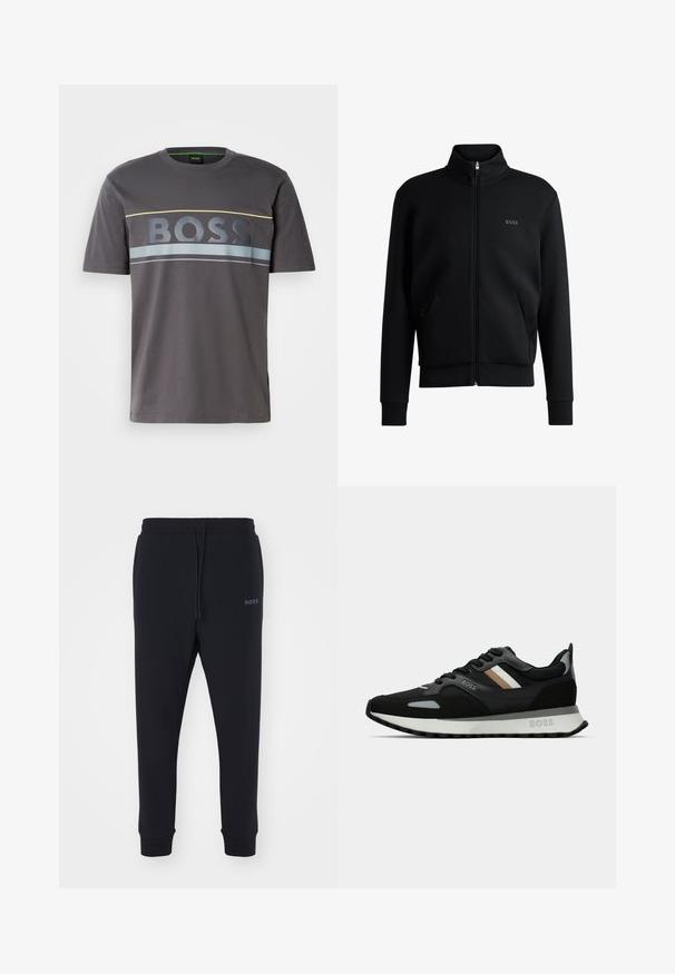 Černá mikina na zip s vysokým límcem, žebrovanými manžetami a bočními kapsami. Na levé straně hrudi je diskrétní logo "BOSS". Hladká tkanina.; Šedé bavlněné tričko s kulatým výstřihem. Má velké logo "BOSS" ve tmavě šedé barvě, doplněné žlutými a modrými vodorovnými pruhy.; Černé tepláky vyrobené z měkkého materiálu s elastickým pasem, šňůrkou na stažení a zúženými nohavicemi. Obsahují malé logo na boku.; Černá běžecká obuv s texturovaným povrchem, světle šedými akcenty a třemi vodorovnými pruhy v hnědé. Obsahuje bílou polstrovanou podešev.