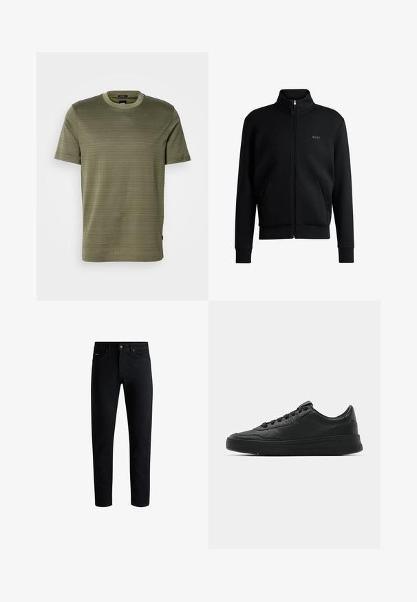 Černá mikina na zip s vysokým límcem, žebrovanými manžetami a bočními kapsami. Na levé straně hrudi je diskrétní logo "BOSS". Hladká tkanina.; Olivově zelené texturované tričko s krátkým rukávem a kulatým výstřihem, s jemným horizontálním vzorem, umístěné na čistém bílém pozadí.; Černé slim-fit džíny s pěti kapsami, zapínáním na knoflík a poutek na opasek, vystavené na bílém pozadí.; Černé tenisky s hladkým koženým svrškem, kulatou špičkou, plochými tkaničkami, polstrovaným límcem a minimalistickým designem. Gumová podrážka s jemným vzorkem.