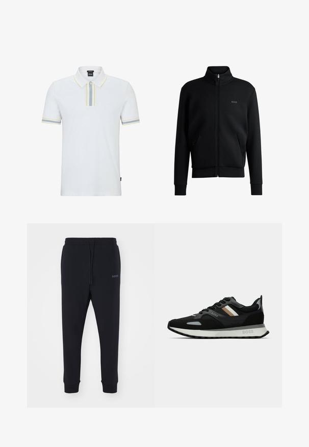 Czarna bluzka z kapturem na suwak, z wysokim kołnierzem, ściągaczami przy mankietach i kieszeniami bocznymi. Posiada subtelne logo "BOSS" na lewej piersi. Gładki materiał.; Biała koszulka polo z klasycznym kołnierzykiem, zapięciem na guziki oraz żółtymi i szarymi paskami akcentującymi na kołnierzyku i rękawach.; Czarne dresy wykonane z miękkiego materiału, z elastycznym pasem, sznurkiem ściągającym i zwężanymi nogawkami. Posiadają małe logo z boku.; Czarny but do biegania z teksturowaną powierzchnią, jasnoszarymi akcentami i trzema poziomymi paskami w kolorze brązowym. Posiada białą, amortyzującą podeszwę.