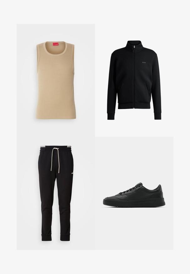 Černá mikina na zip s vysokým límcem, žebrovanými manžetami a bočními kapsami. Na levé straně hrudi je diskrétní logo "BOSS". Hladká tkanina.; Beige tílko vyrobené z proužkované tkaniny, s kulatým výstřihem a malým, embosovaným logem "HUGO" na přední straně. Bez rukávů.; Černé slim-fit joggingové kalhoty s bílou stahovací šňůrkou, žebrovanými manžetami a jemným logem na horní části stehna na jednoduchém pozadí.; Černé tenisky s hladkým koženým svrškem, kulatou špičkou, plochými tkaničkami, polstrovaným límcem a minimalistickým designem. Gumová podrážka s jemným vzorkem.