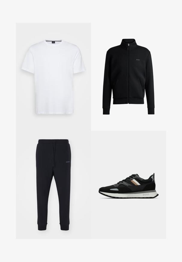Sweatshirt preto com fecho e colar alto, punhos canelados e bolsos laterais. Apresenta um discreto logótipo "BOSS" no lado esquerdo do peito. Tecido suave.; T-shirt de algodão branco com decote redondo e mangas curtas. Apresenta uma etiqueta discreta da marca na parte do pescoço. Textura suave, ajuste clássico.; Calças de fato pretas feitas de material macio, com uma cintura elástica, cordão e pernas ajustadas. Apresenta um pequeno logotipo de lado.; Shoe de corrida preto com uma superfície texturizada, detalhes cinza claro e três riscas horizontais em castanho. Apresenta uma sola branca acolchoada.