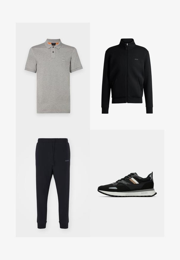 Sweatshirt preto com fecho e colar alto, punhos canelados e bolsos laterais. Apresenta um discreto logótipo "BOSS" no lado esquerdo do peito. Tecido suave.; Camisa polo de algodão cinza com colarinho clássico, placket de dois botões, emblema no peito e detalhe laranja em contraste na gola.; Calças de fato pretas feitas de material macio, com uma cintura elástica, cordão e pernas ajustadas. Apresenta um pequeno logotipo de lado.; Shoe de corrida preto com uma superfície texturizada, detalhes cinza claro e três riscas horizontais em castanho. Apresenta uma sola branca acolchoada.