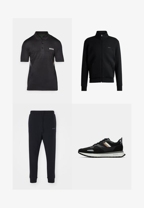 Svart glidelås sweatshirt med høy krage, ribbede mansjetter og sidelommer. Har en subtil "BOSS"-logo på venstre bryst. Glatt stoff.; Svart polo skjorte laget av teksturert stoff med korte ermer, en krage med tre knapper, og en hvit "BOSS"-logo på brystet.; Sorte sweatsbukser laget av mykt materiale med elastisk midjebånd, snor og avsmalnende bein. Har et lite logo på siden.; Svart løpetreningssko med teksturert overflate, lysegrå detaljer og tre horisontale striper i brunt. Har en hvit polstret såle.