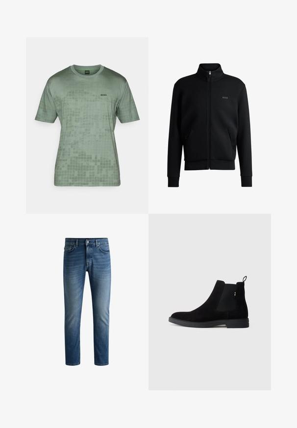 Juodas zip-up megztinis su aukštu apykakle, raukiniais ant rankovių ir šoninėmis kišenėmis. Kairėje krūtinės pusėje yra subtilus "BOSS" logotipas. Lygus audinys.; Žalias trumpomis rankovėmis marškinėliai, pagaminti iš glotnaus audinio, su tinklo raštu ir juodu "BOSS" logotipu kairėje krūtinės pusėje.; Tamsiai mėlynos džinsinės kelnės su tiesiu puošu, penkių kišenių dizainu, šviesiu blukimu šlaunų srityje ir vienu mygtuko užsegimu liemens srityje.; Juodos zomšinės Chelsea botai su elastingais šonais, apvalia nosimi ir žemu guminiu padu. Yra kilpos užpakalyje, kad būtų lengva apsiauti.