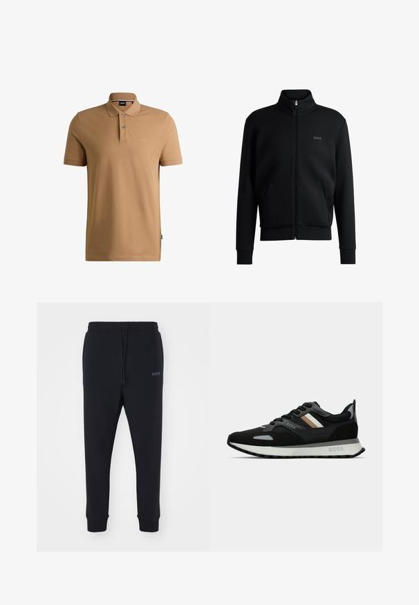 Černá mikina na zip s vysokým límcem, žebrovanými manžetami a bočními kapsami. Na levé straně hrudi je diskrétní logo "BOSS". Hladká tkanina.; Pánská polokošile s krátkým rukávem vbéžové barvě z bavlny, s límcem na knoflíky, dvěma knoflíky a vyšitým logem "BOSS" na levé straně hrudi.; Černé tepláky vyrobené z měkkého materiálu s elastickým pasem, šňůrkou na stažení a zúženými nohavicemi. Obsahují malé logo na boku.; Černá běžecká obuv s texturovaným povrchem, světle šedými akcenty a třemi vodorovnými pruhy v hnědé. Obsahuje bílou polstrovanou podešev.
