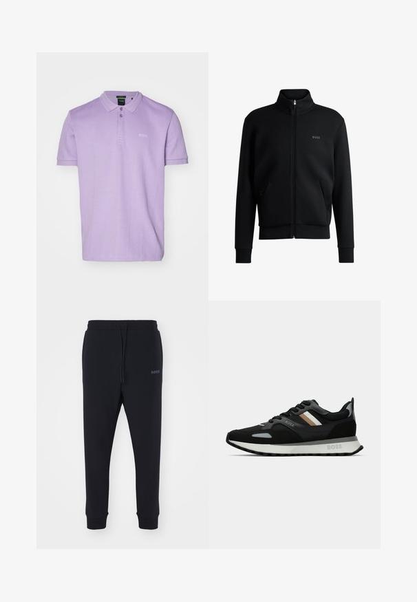Μαύρο φερμουάρ φούτερ με υψηλό λαιμό, ριγωτούς καρπούς και πλαϊνές τσέπες. Διαθέτει μια διακριτική λογότυπο "BOSS" στο αριστερό στήθος. Λείο ύφασμα.; Μωβ polo μπλούζα από μαλακό ύφασμα, με γιακά, κοντά μανίκια, πλαίσιο τριών κουμπιών και διακριτό ανάγλυφο λογότυπο στο στήθος.; Μαύρες φόρμες από μαλακό υλικό με ελαστική μέση, κορδόνι και κνήμες που στενεύουν. Διαθέτουν ένα μικρό λογότυπο στο πλάι.; Μαύρο αθλητικό παπούτσι με υφασμάτινη επιφάνεια, ανοιχτό γκρι λεπτομέρειες και τρεις οριζόντιες ρίγες σε καφέ χρώμα. Διαθέτει λευκή μαλακή σόλα.