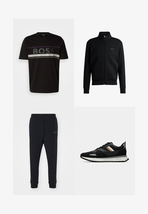 Sweatshirt preto com fecho e colar alto, punhos canelados e bolsos laterais. Apresenta um discreto logótipo "BOSS" no lado esquerdo do peito. Tecido suave.; T-shirt de algodão preto com um ousado logótipo "BOSS", riscas prateadas e roxas ao longo do peito, e um design clássico de decote redondo.; Calças de fato pretas feitas de material macio, com uma cintura elástica, cordão e pernas ajustadas. Apresenta um pequeno logotipo de lado.; Shoe de corrida preto com uma superfície texturizada, detalhes cinza claro e três riscas horizontais em castanho. Apresenta uma sola branca acolchoada.