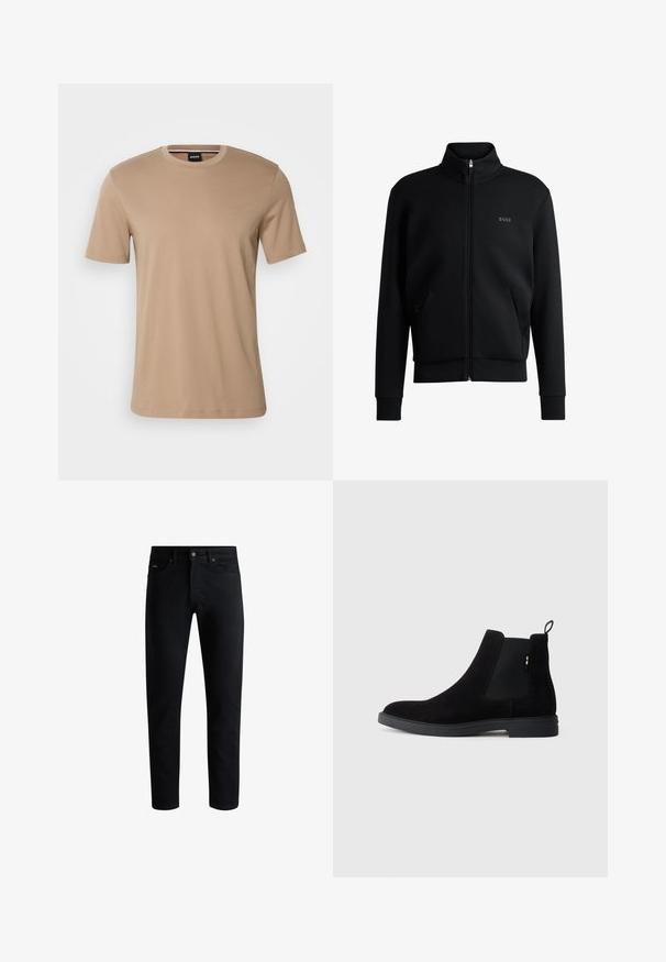 Fekete zipzáras kapucnis pulóver magas gallérral, bordázott mandzsettákkal és oldalsó zsebekkel. Diszkrét "BOSS" logó található a bal melbimen. Simább anyag.; Krémszínű, rövid ujjú póló sima pamutból, kerek nyakkal és diszkrét márklogóval a mellrészen. Egyszerű és minimalista kialakítás.; Fekete, slim-fit farmernadrág, öt zsebbel, gombos záródással és övbújtatókkal, fehér háttér előtt bemutatva.; Fekete velúr Chelsea csizma, elasztikus oldalpanellel, lekerekített orral és alacsony gumitalppal. Hátulján húzófül található az egyszerű felvétel érdekében.