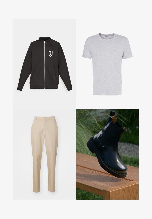 Juodas zip-up džemperis, pagamintas iš tekstūruotos medžiagos. Turi raglan tipo rankoves, aukštą apykaklę ir baltą Juventus logotipą ant krūtinės.; Pilkas medvilnės t-shirt'as su apvalia apykakle, trumpomis rankovėmis ir vientisu dizainu, pasižymintis švelnia, lygiąja tekstūra be matomų raštų ar puošmenų.; Kreminės spalvos pritaikytos kelnės su tiesia siluetu, mygtuko užsegimu ir plokščiu priekiniu juosmeniu. Pagamintos iš lygaus audinio be matomų raštų.; Juodas odinis Chelsea botai su lygiu paviršiumi, elastingomis šoninėmis dalimis, apvalia nosimi ir storu gumuotu padu, padėti ant medinės paviršiaus.