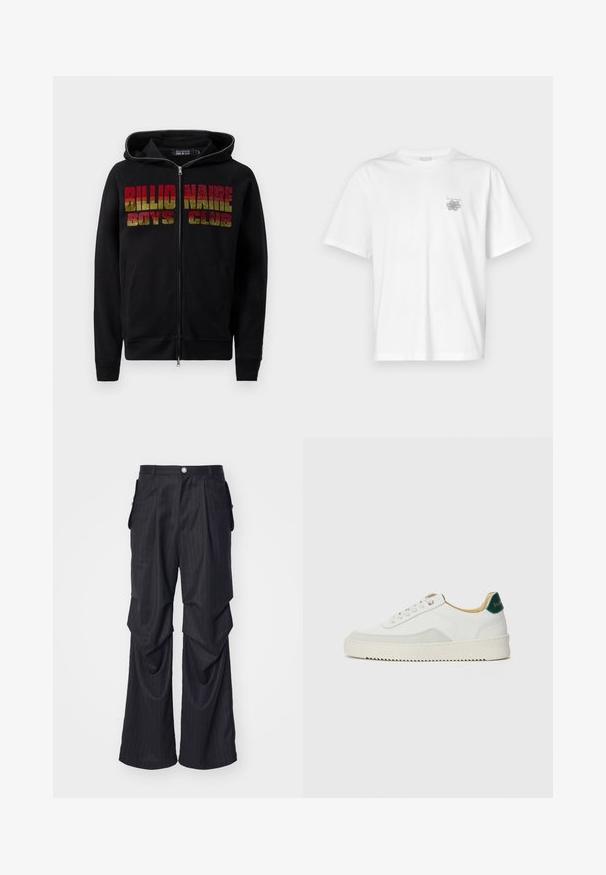 Fekete zipzáros kapucnis pulóver, húzózsinórral. Elején feltűnő, színes "Billionaire Boys Club" felirat található. Az anyag puhanak és textúráltak tűnik.; Fehér pamut póló rövid ujjakkal, kerek nyakkal, és egy kis szürke logóval a bal mellrészen. Sima tapintású.; Fekete csíkos nadrág széles lábbal, pliszírozott részletekkel, oldalzsebekkel és elülső gombos zárással. Simább felület.; Fehér sneaker suédé részletekkel, kerek orral, lapos fűzőkkel és krémszínű gumitalppal. Zöld logó található a sarkán.