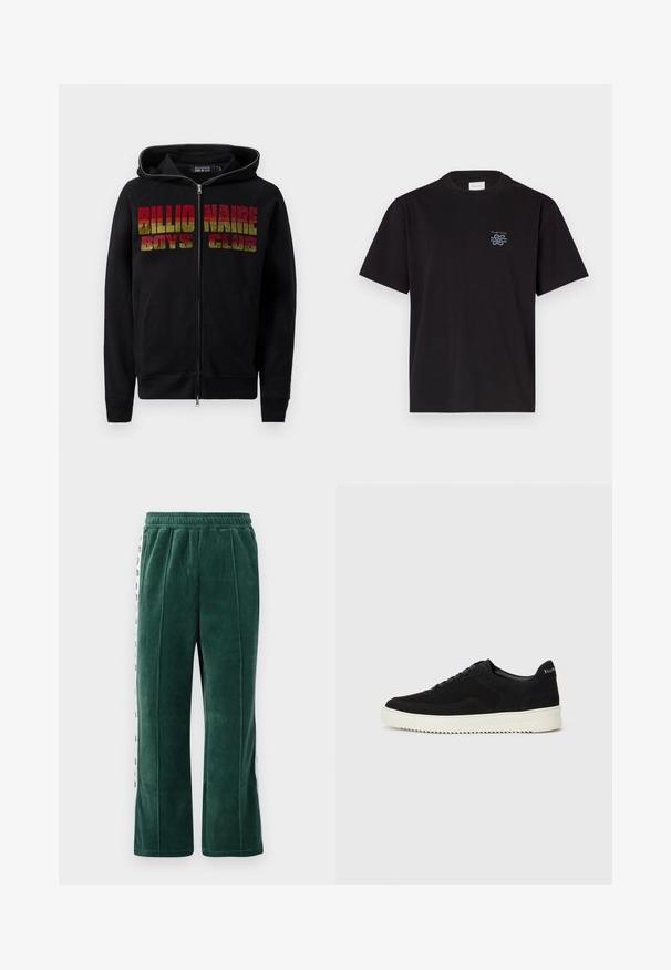 Melna rāvējslēdzēja kapuce ar auklu. Priekšpusē ir izteiksmīgs, daudzkrāsains "Billionaire Boys Club" uzraksts. Materiāls izskatās mīksts un ar tekstūru.; Melna kokvilnas T-kreklu ar apaļu kaklu un īsām piedurknēm. Saturs mazu zilu logotipu kreisajā krūtī. Vienkāršs, taisns griezums.; Tumši zaļi velūra sporta bikses ar elastīgu jostu, ar vertikālām šuvēm un baltām sānu paneļiem ar melnu tekstu. Taisna piegriezuma.; Melnas zamšas kedas ar auklām un kontrastējošu baltu gumijas zoli. Iekļauj teksturētas sānu panēles un diskretu zīmolu uz papēža.