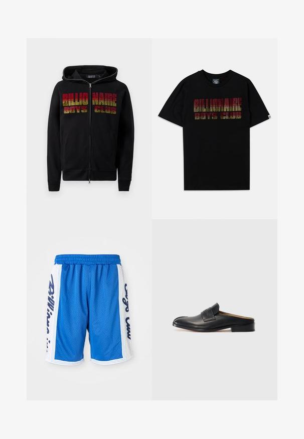 Mustat vetoketjulliset hupparit, joissa on kiristettävä huppu. Etuosassa on rohkea, monivärinen "Billionaire Boys Club" -teksti. Materiaali näyttää pehmeältä ja teksturoidulta.; Mustat puuvillaiset t-paidat lyhyillä hihoilla, joissa on "BILLIONAIRE BOYS CLUB" -teksti monivärisessä gradientissa, sekä teksturoitu kuvio.; Siniset verkkokankaiset urheilushortsit, joissa on joustava vyötärönauha, valkoiset sivupaneelit ja mustat kirjontadetaljit molemmin puolin.; Musta nahkainen slip-on-kengät, joissa on pyöristetty kärki, matala korko ja etuolka. Suora pinta, jossa on hienovarainen logoyksityiskohta hihnassa.