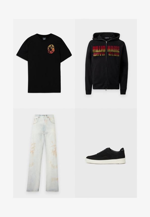 Corta-vento preto com fecho e capuz ajustável. A parte da frente apresenta o texto "Billionaire Boys Club" em letras grandes e multicoloridas. O material parece suave e texturizado.; Camiseta preta de algodão com um gráfico colorido de astronauta no lado esquerdo do peito. Decote redondo clássico e mangas curtas. Textura suave.; Jeans de denim de cor azul clara com cintura alta, pernas largas e pequenas áreas desbotadas. Apresenta um design tradicional de cinco bolsos e metais.; Sapatilhas de camurça pretas com design de atacadores e sola de borracha branca em contraste. Apresenta painéis laterais texturizados e uma marcação discreta no calcanhar.