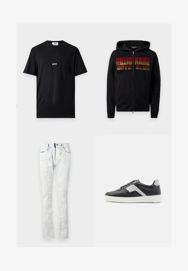 Zwarte zip-up hoodie met een capuchon met koord. De voorkant heeft gedurfde, meerkleurige tekst "Billionaire Boys Club". Het materiaal lijkt zacht en gestructureerd.; Zwarte katoenen t-shirt met ronde hals en korte mouwen. Voorkant toont het witte "MSGM" logo gecentreerd. Soepele textuur, normale pasvorm.; Lichtblauwe jeans met een gebarsten textuur, vijfzakkenontwerp, knoopsluiting en een lichte flare aan de zoom. Verweerde details door het hele kledingstuk.; Zwarte leren sneaker met grijze accenten, witte rubberen zool, ronde neus en zes zwarte oogjes voor veters. Textuurdetail aan de zijkant.