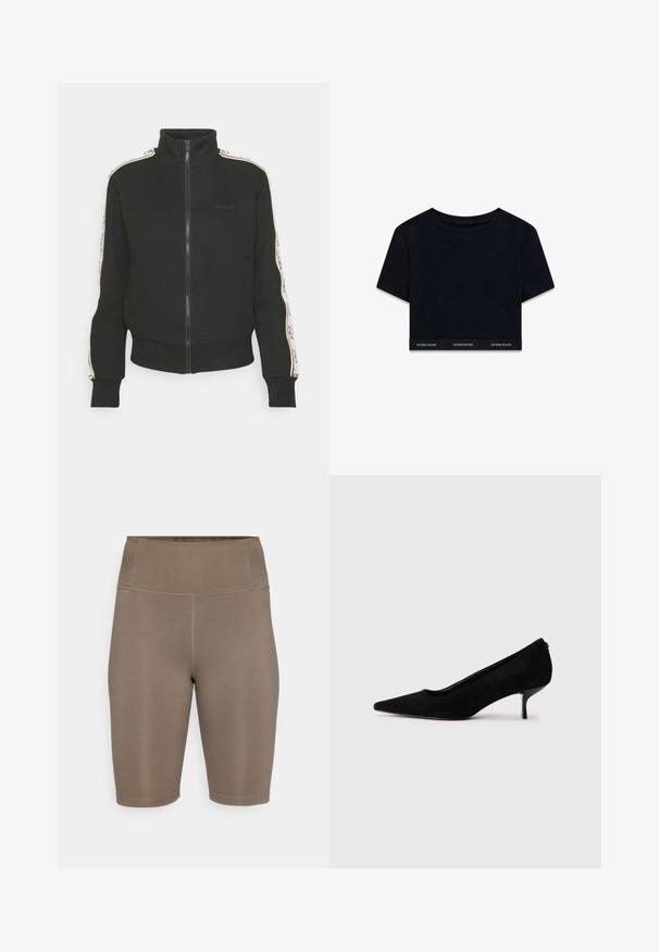 Czarna kurtka z zamkiem błyskawicznym i wysokim kołnierzem, z kontrastującymi paskami po bokach oraz logotypem z przodu. Wykonana z miękkiego, fakturowanego materiału.; Czarna krótka koszulka z miękkiego materiału, z krótkimi rękawami i okrągłym dekoltem. Posiada markowy pasek na dole z napisem "GUESS JEANS" w białym kolorze.; Brązowe szorty rowerowe wykonane z elastycznej tkaniny z wysokim stanem. Posiadają gładką teksturę i płaskie szwy dla wygody. Brak widocznych logo i wzorów.; Czarny zamszowy but na wysokim obcasie z wydłużonym noskiem i smukłym, niskim obcasem. Gładka tekstura z eleganckim wzornictwem, bez widocznych elementów metalowych.