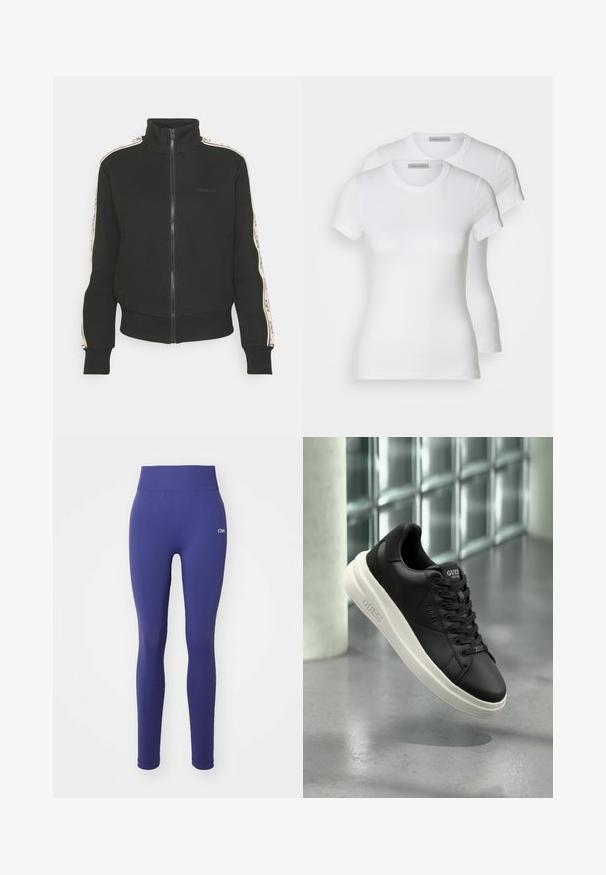Czarna kurtka z zamkiem błyskawicznym i wysokim kołnierzem, z kontrastującymi paskami po bokach oraz logotypem z przodu. Wykonana z miękkiego, fakturowanego materiału.; Dwie białe bawełniane koszulki z krótkim rękawem, okrągłym dekoltem i dopasowanym krojem, o gładkiej strukturze i minimalistycznym wzornictwie.; Granatowe legginsy wykonane z elastycznego materiału, z szerokim pasem w talii, gładką fakturą i subtelnym logo na biodrze.; Czarne niskie trampki Guess z białą podeszwą, sznurowadłami i logo na boku oraz języku, wystawione na tle ściany z bloków szklanych.