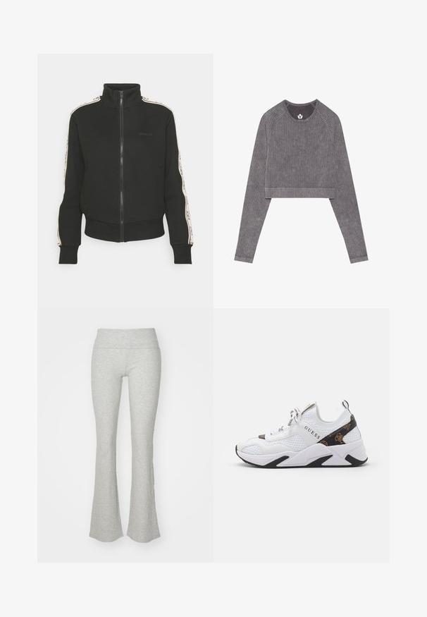 Črna zip-up jakna z visokim ovratnikom, ki ima kontrastne stranske črte in detajl logotipa spredaj. Narejena je iz mehkega, strukturiranega materiala.; Siv krošnji dolgi rokavi crop top z raglan rokavi. Ima okroglo izreznico in rob, ki se nahaja nad pasom.; Svetlo sivi razširjeni leggingi, izdelani iz rebraste tkanine z širokim, elastičnim pasom. Imajo oprijet dizajn, ki se na koncu razširi.; Bela teniska iz mrežaste in sintetične materiale, z črnimi in rjavimi poudarki, teksturiranimi bokovi in izpostavljenim logotipom. Guma podplat.