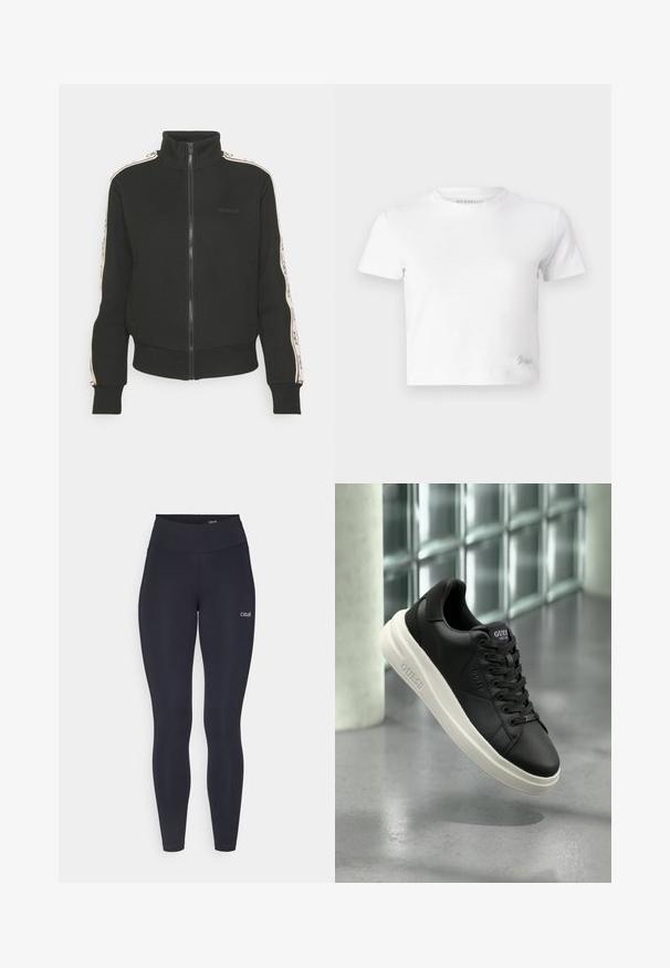 Schwarze Zip-Jacke mit hohem Kragen, ausgestattet mit kontrastierenden Seitenstreifen und Logodetails auf der Vorderseite. Hergestellt aus einem weichen, strukturierten Material.; Weißes, kurzes T-Shirt aus glattem Baumwoll-Stoff mit hohem Ausschnitt und kurzen Ärmeln. Kleines besticktes Logo in der unteren Ecke.; Schwarze Leggings mit hohem Bund, aus elastischem Stoff gefertigt, mit einem kleinen weißen Logo auf dem Oberschenkel und einer glatten Textur.; Schwarze niedrige Guess-Sneaker mit weißer Sohle, Schnürsenkeln und Branding an der Seite und Zunge, präsentiert vor einem Hintergrund aus Glasblockwänden.