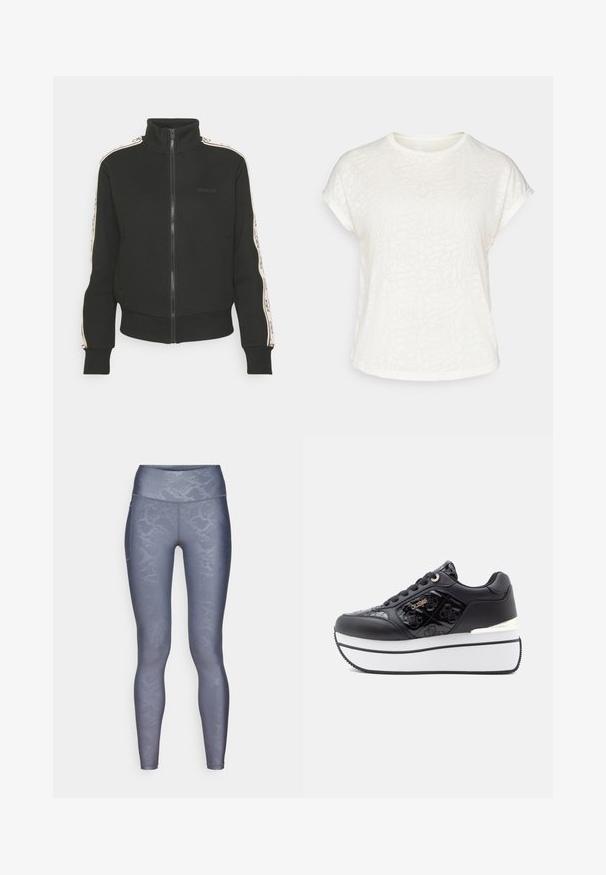 Čierna bunda na zips s vysokým golierom, s kontrastnými pruhmi po stranách a detailom loga na prednej strane. Vyrobená z mäkkého, štruktúrovaného materiálu.; Biele tričko s krátkym rukávom s textúrovaným kvetinovým vzorom, okrúhlym výstrihom a voľným strihom. Vyrobené z mäkkej, ľahkej tkaniny.; ONLY Play ONPJAM-2-SNAKE LIFE - Legíny - grey; Čierne platformové tenisky s lesklým povrchom, vyrazeným vzorom lebky, striebornými kovovými prvkami a bielou gumovou podrážkou.