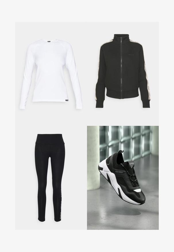 Černá zipová bunda s vysokým límcem, s kontrastními postranními pruhy a logem na přední straně. Vyrobena z měkkého, texturovaného materiálu.; Bílá dlouhá rukávová košile vyrobená z texturované látky, s kulatým výstřihem a raglánovými rukávy, s malou černou značkovou štítkem na lemu.; Černé legíny s vysokým pasem, vyrobené z hladké tkaniny. Obsahují potisk značkového loga na boku. Navrženy pro pohodlí a flexibilitu.; Černé a bílé sportovní tenisky s prodyšným svrškem, texturovanými prvky a výrazným logem na jazyku. Obsahují polstrovanou podrážku pro podporu.
