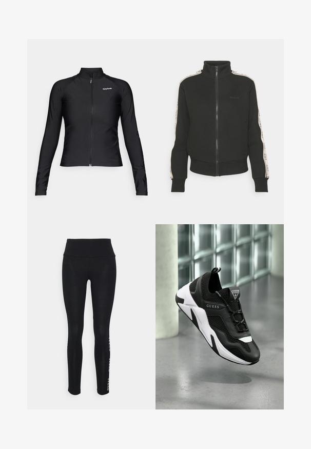 Svart hettejakke med høy krage, med kontrasterende side-striper og logo detalj på fronten. Laget av mykt, strukturert materiale.; Svart langermet sykkeljakke med glidelås foran, laget av stretchmateriale. Har høy krage og "GripGrab"-logo på brystet.; Sorte tights med høy midje, laget av glatt stoff. Har et trykt merke på siden. Designet for komfort og fleksibilitet.; Sorte og hvite idrettssko med overdel i nettverk, teksturerte lag og en fremtredende logo på tungen. Har en polstret såle for støtte.