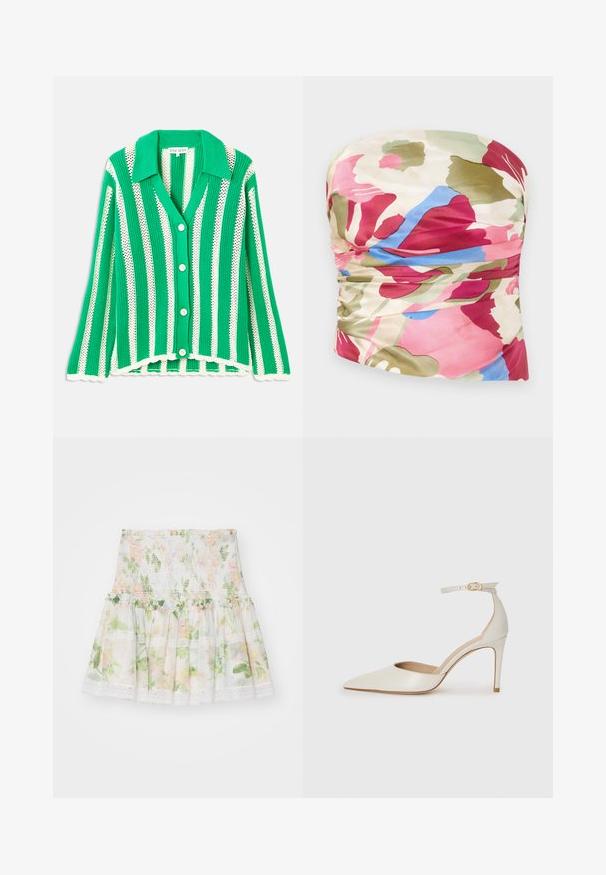 Žalias ir baltas juostuotas kardiganas su apykakle, sagčių užsegimu ir banguotu darbo kraštu. Pagamintas iš tekstūruoto mezginio.; Bežis viršus be petnešėlių su raukiniais, pagamintas iš glotnaus audinio, kuriame dera rožinė, žalia ir mėlyna spalvos ant šviesiai grietinėlės fono.; Gėlių raštuotas sijonas, pagamintas iš lengvos medžiagos. Turi susiraukšlėjusią juosmenį, pūkuotą apatinę dalį ir nėrinius. Spalvos: rožinė, žalia ir balta.; Balti odiniai aukštakulniai batai su smailiu priekiniu galu, kulkšnies dirželiu ir siauru stiletu. Lygi tekstūra su subtiliu blizgiu paviršiumi.