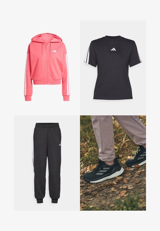 Ružová mikina na zips vyrobená z jemnej látky. Obsahuje kapucňu, biele pásiky na rukávoch a malú bielu nášivku na hrudi.; Čierne športové tričko vyrobené z mäkkého materiálu, s klasickým okrúhlym výstrihom, krátkymi rukávmi a tromi bielymi pruhmi na každom ramene. Biely logo na hrudi.; Čierne športové nohavice s elastickým pásom, zúženými členkami a bielymi bočnými pruhmi. Vyrobené z jemnej látky s hladkým povrchom.; Čierne športové topánky s svetlošedými pruhmi, s textúrovaným zvrškom, bielej penovej podrážke, nosené s svetloružovými nohavicami, na zemi pokrytej listami.