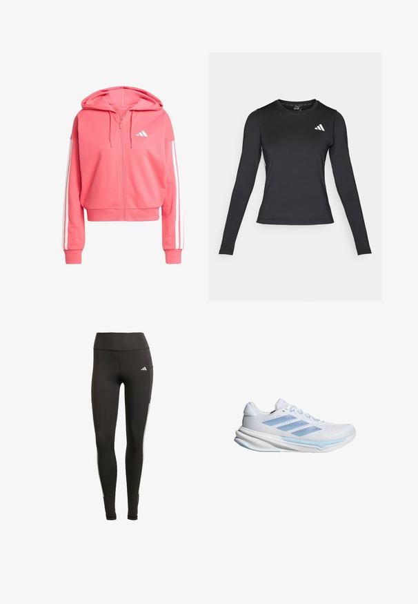 Ružičasta zip-up dukserica napravljena od mekane tkanine. Ima kapuljaču, bijele trostruke akcentne trake na rukavima i mali bijeli logotip na grudima.; Crna dugačka sportska majica s dugim rukavima od glatkog, rastezljivog materijala. Ima bijeli logo na prsima. Prilagođenog kroja s okruglim izrezom.; Crne tajice od rastezljivog materijala, s visokim strukom, bijelim bočnim prugama i bočnom džepom za praktičnost.; Bijele trkačke tenisice s laganim plavim akcentima, prozračna mrežasta gornja strana, dizajn s tri pruge, podstava za ublažavanje i teksturirana podloga za prianjanje.