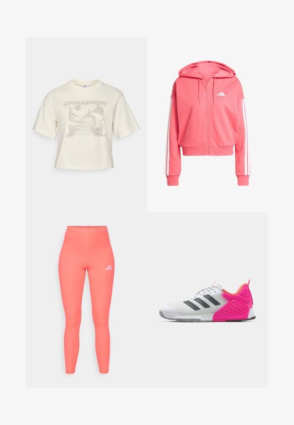 Rozā kedera ar rāvējslēdzēju, izgatavota no mīkstas auduma. Tajā ir kapuce, baltas trīs svītras uz piedurknēm un mazs balts logotips uz krūtīm.; Kurtā krēmkrāsas kokvilnas t-krekls ar pelēku grafiku, kas attēlo abstraktas ainavas un vārdu "ČEMPIONS" treknā fontā.; Koraļļu sporta legingi, izgatavoti no elastīga materiāla, ar baltām sānu svītrām un mazu baltu logotipu augšējā kreisajā stūrī.; Baltas sporta apavu modelis ar pelēkiem svītrām, sieta augšdaļa un rozā papēdis ar akcentiem. Iezīmējas ar teksturētu papēdi un gumijas zoli. Kordeles un mīkstināta apkakle.