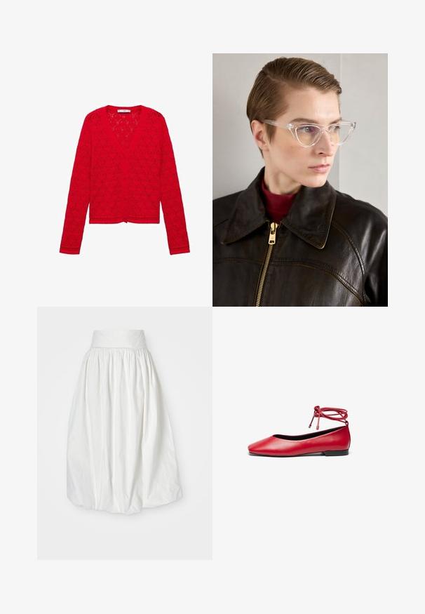 Cardigan rosso in maglia con scollo a V, maniche lunghe e un motivo in pizzo. Presenta una chiusura con bottoni e un orlo decorativo nella parte inferiore.; Due top in cotone, uno bianco e uno nero. Ognuno ha un profondo scollo e spalline sottili, con una texture liscia e morbida.; Gonna midi bianca realizzata in un tessuto leggero, con una vita alta arricciata e una silhouette voluminosa e fluida con una sottile texture.; Ballerine in pelle rossa con punta quadrata e dettaglio di laccio avvolgente alla caviglia. Texture liscia e piccolo tacco nero.; Occhiali cat-eye in acetato trasparente con lenti gialle, indossati da una persona con giacca di pelle nera e dolcevita rossa. Texture liscia.