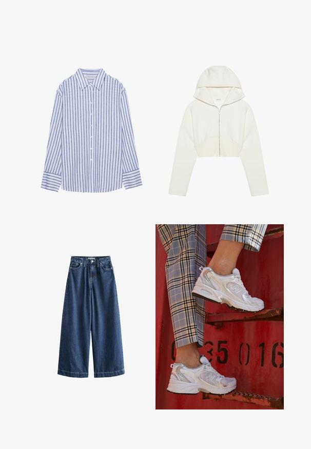 Weißer, taillierter Zip-Hoodie mit Kapuze, weichem Stoff, langen Ärmeln und einer Nahtdetails auf der Vorderseite. Glatte Textur und metallischer Reißverschluss.; Helles blaues Hemd mit vertikalen weißen und blauen Streifen, ausgestattet mit einem klassischen Kragen und langen Ärmel mit geknöpften Manschetten.; Hellebeiniges Denim-Hosen aus dunkelblauem Stoff. Hergestellt aus robustem Baumwollmaterial, mit hoher Taille, vorderen Taschen und geraden, verkürzten Säumen mit sichtbaren Nähten.; Weiße Mesh-Sneaker mit silbernen Akzenten und einer strukturierten Sohle, platziert auf einer roten Oberfläche, kombiniert mit karierter Hose.