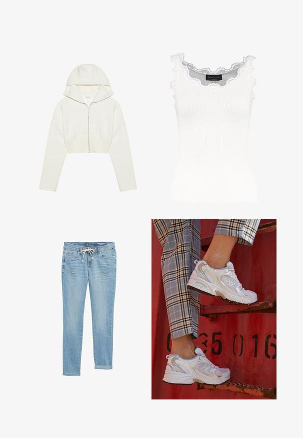 Witte cropped zip-up hoodie met een capuchon, zacht materiaal, lange mouwen en een naaddetail aan de voorkant. Glad textuur en metalen rits.; Witte geribbelde tanktop met kantafwerking op de halslijn en mouwen. Het heeft een zachte textuur en een fitted vorm. Merklabel zichtbaar aan de binnenkant.; Lichtblauwe denim jeans met een rechte pasvorm, elastische drawstring taille, opgerolde cuffs en front pockets. Ontworpen met subtiele vervagingen.; Witte mesh sneakers met zilveren accenten en een gestructureerde zool, gepositioneerd op een rode ondergrond, gecombineerd met gestreepte broek.