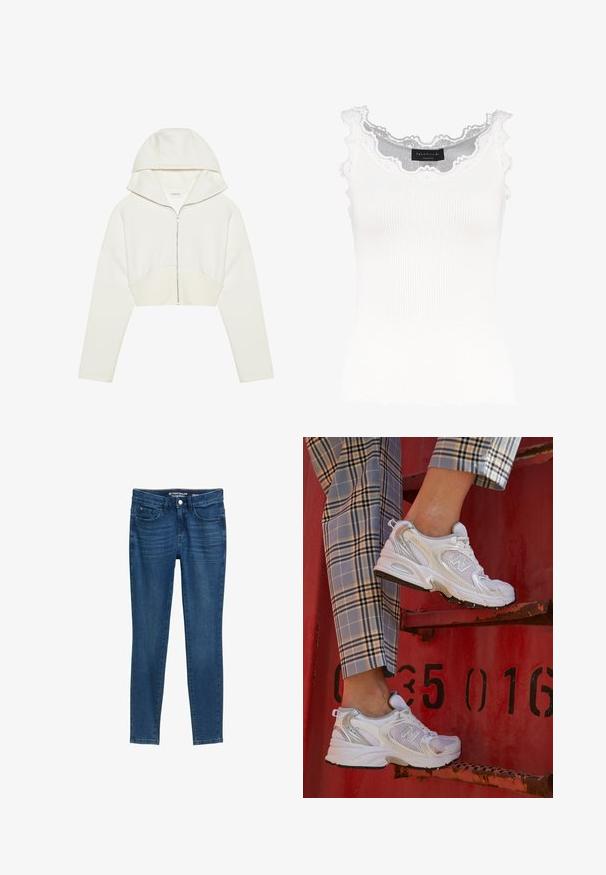 Fehér, cropped, zipzáros kapucnis pulóver, puha anyagból, hosszú ujjakkal és varrássel a fronton. Simás textúra és fémből készült zipzár.; Fehér, bordázott ujjatlan felső csipkés díszítéssel a nyakán és az ujjakon. Puha tapintása és testhez simuló fazonja van. A márkajelzés látható belül.; Sötétkék, slim fit farmernadrág. Klasszikus öt zsebes dizájnnal, gombos záródással és varrási részletekkel rendelkezik. Sima textúra.; Fehér hálós sportcipők ezüst részletekkel és texturált talppal, egy piros felületen elhelyezve, kockás nadrággal párosítva.