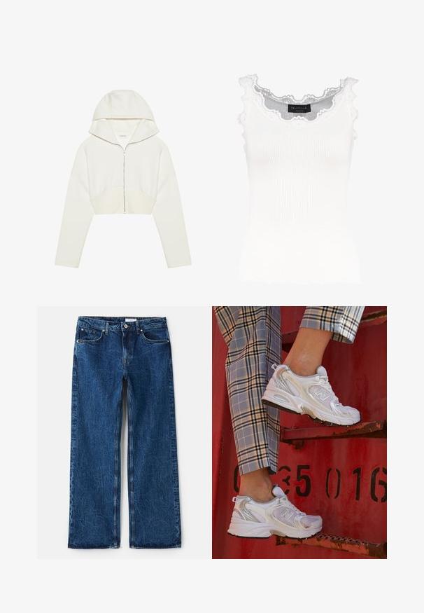 Sweatshirt cropped branco com fecho éclair, capucho, tecido suave, mangas longas e detalhe em costura na parte da frente. Textura suave e fecho metálico.; Camisola branca de alças com detalhe de renda na gola e nas mangas. Apresenta uma textura suave e um formato ajustado. Etiqueta da marca visível no interior.; Calças de ganga largas em denim azul escuro com um acabamento texturizado, apresentando cinco bolsos, rebites metálicos e fecho de botão.; Sapatilhas brancas em malha com detalhes em prata e uma sola texturizada, posicionadas sobre uma superfície vermelha, combinadas com calças à quadrados.